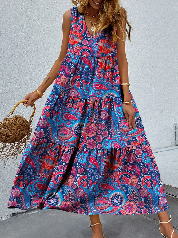  Summer Vibe Tiered Printed V-Neck Sleeveless Dress