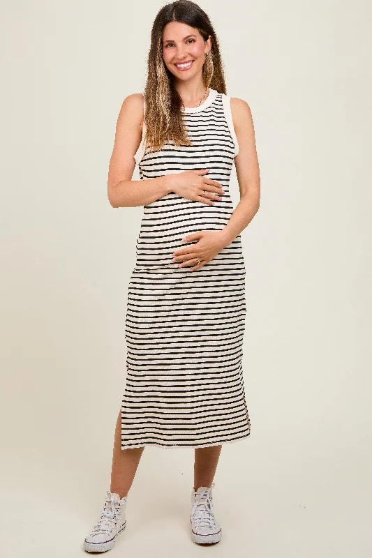 Maternity dress for a New Year's Eve celebration Cream Black Striped Sleeveless Maternity Midi Dress Maternity dress for a New Year's Eve celebration Cream Black Striped Sleeveless Maternity Midi Dress