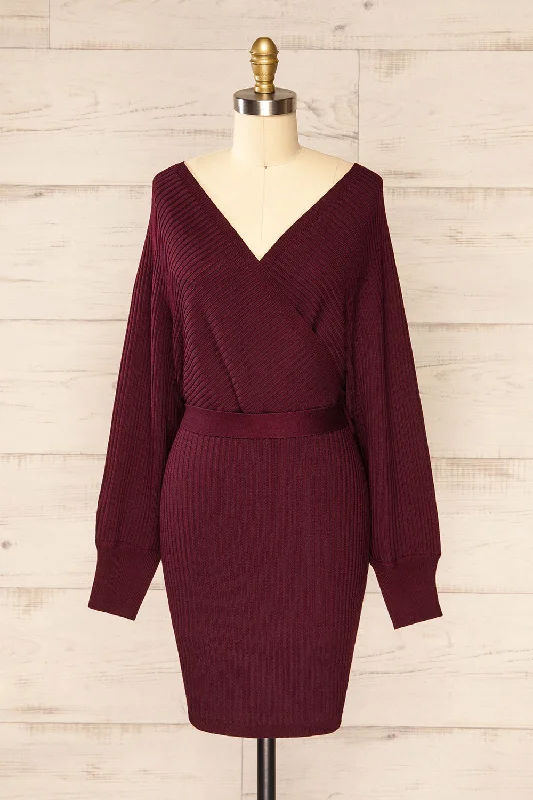 High - low midi dresses with geometric patterns for a modern party Bergame Burgundy | Knitted Wrap Dress