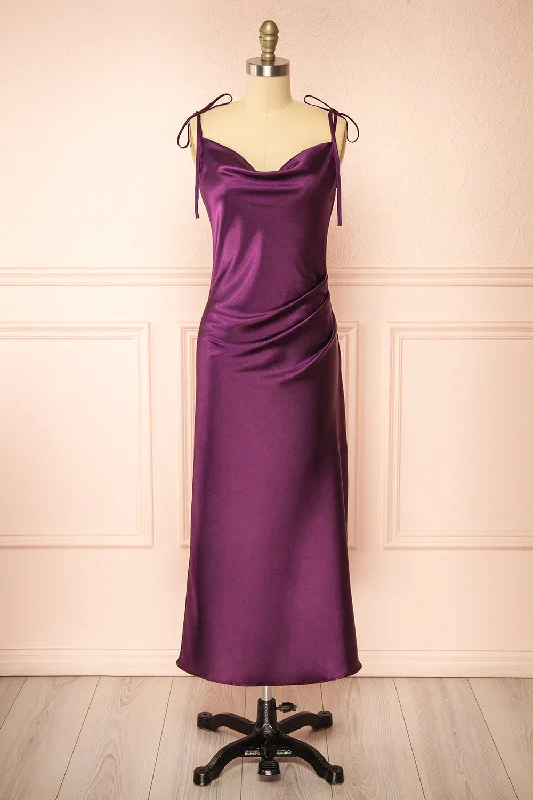 Midi dresses with pom - pom trims for a playful and festive look Elyse Purple | Cowl Neck Midi Dress Midi dresses with pom - pom trims for a playful and festive look Elyse Purple | Cowl Neck Midi Dress