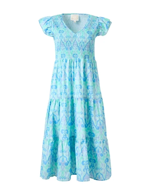 Everyday Dress with Paisley Print for a Vintage Look Blue Ikat Smocked Cotton Dress