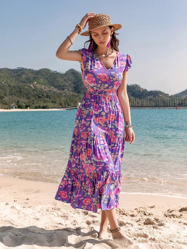 Everyday Wrap Dress with Adjustable Belt​ Summer Bliss Printed V-Neck Midi Dress