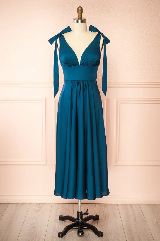 Midi dresses with bow accents for a sweet and charming look Vida Royal Blue | Satin Midi Dress w/ Tie Straps Midi dresses with bow accents for a sweet and charming look Vida Royal Blue | Satin Midi Dress w/ Tie Straps