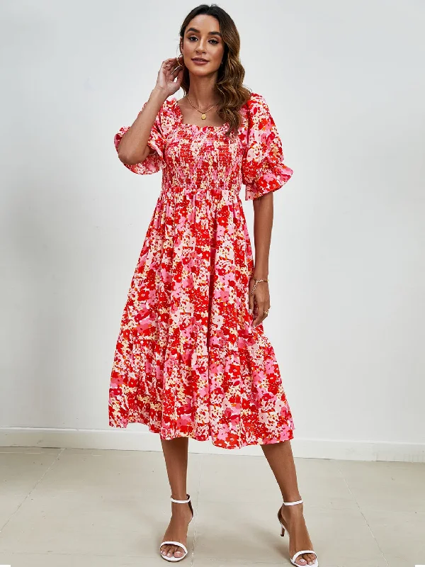  Smocked Floral Square Neck Short Sleeve Dress