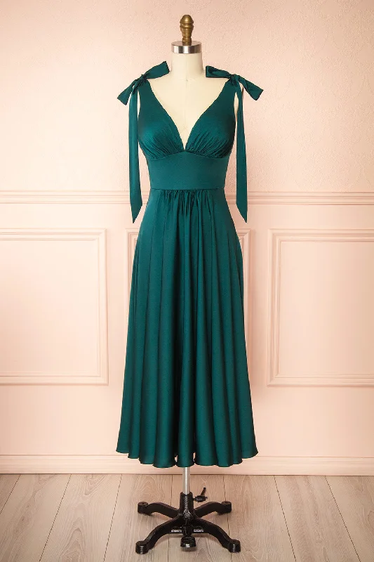 Midi dresses with ruched bodices for a feminine and fitted feel Vida Green | Satin Midi Dress w/ Tie Straps Midi dresses with ruched bodices for a feminine and fitted feel Vida Green | Satin Midi Dress w/ Tie Straps