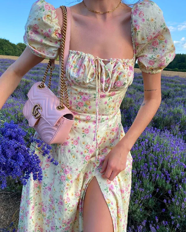  Floral Print Puff Short Sleeve Split Dress