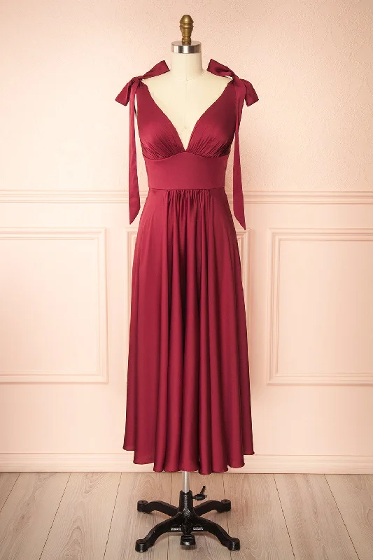 Midi dresses with ruched bodices for a feminine and fitted feel Vida Burgundy | Satin Midi Dress w/ Tie Straps Midi dresses with ruched bodices for a feminine and fitted feel Vida Burgundy | Satin Midi Dress w/ Tie Straps
