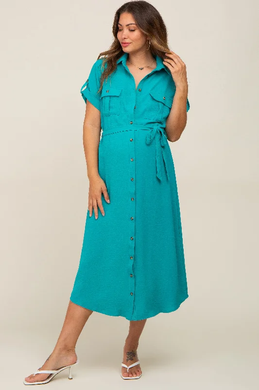 Maternity dress for a baby's first visit to the nature reserve Emerald Green Button Up Front Pocket Maternity Midi Dress Maternity dress for a baby's first visit to the nature reserve Emerald Green Button Up Front Pocket Maternity Midi Dress