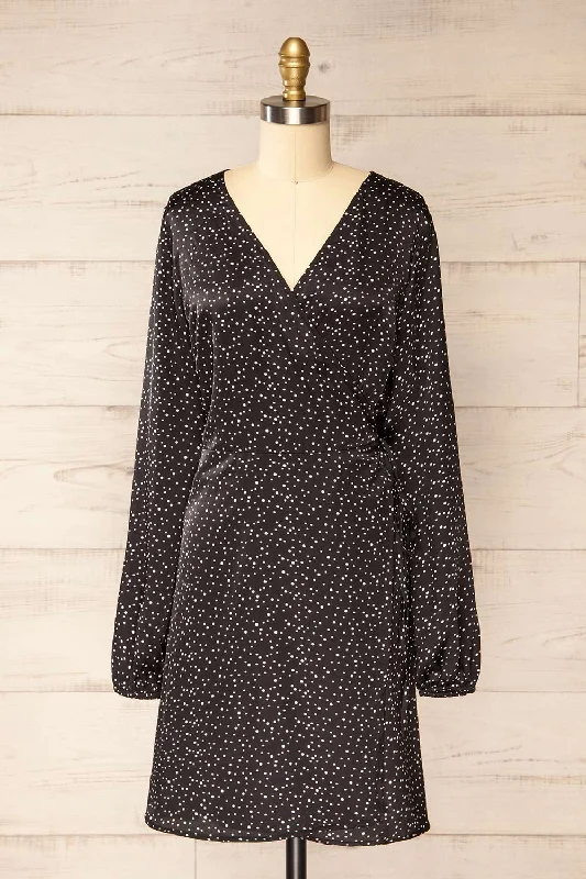Midi dresses with patchwork patterns for a one - of - a - kind style Langon Black | Short Dotted Wrap Dress Midi dresses with patchwork patterns for a one - of - a - kind style Langon Black | Short Dotted Wrap Dress