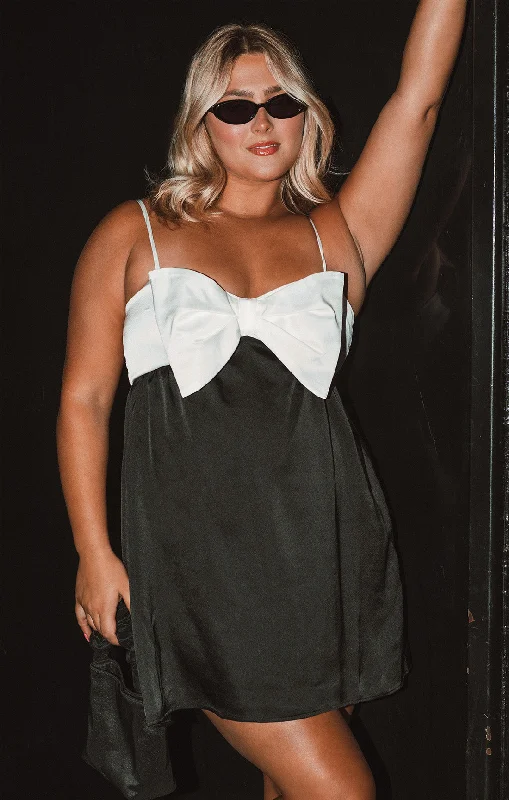 Mini dresses with side slits for a sexy appeal Best Bow Dress ~ Colorblock Black Luxe Satin Mini dresses with side slits for a sexy appeal Best Bow Dress ~ Colorblock Black Luxe Satin