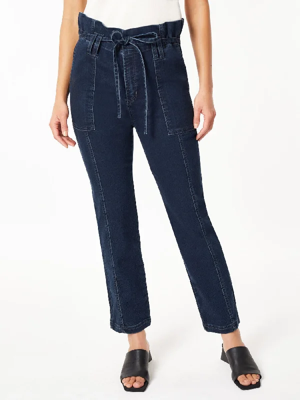 Plus Size Women's Stretch Cotton Tight Trousers in Navy for Comfortable Everyday WearPaper Bag Waist Denim Trouser Plus Size Women's Stretch Cotton Tight Trousers in Navy for Comfortable Everyday WearPaper Bag Waist Denim Trouser