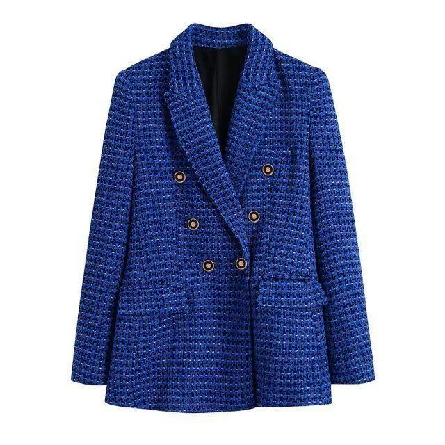 Plus Size Women's Military - Inspired Blazers with Gold Accents for a Bold LookDark Blue Tweed Blazer Women - Casual - Plaid Plus Size Women's Military - Inspired Blazers with Gold Accents for a Bold LookDark Blue Tweed Blazer Women - Casual - Plaid