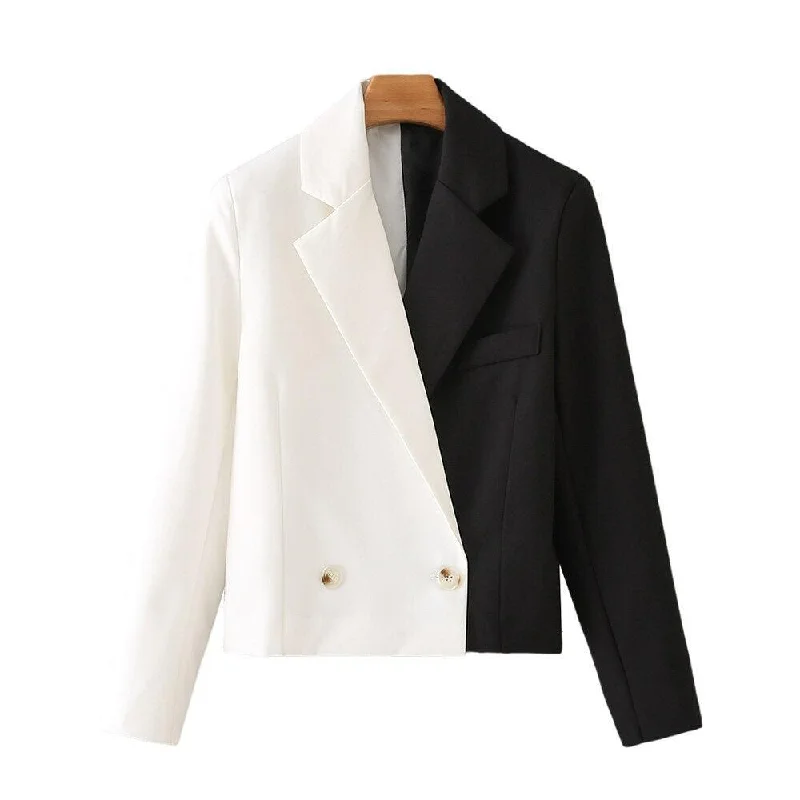 Plus Size Women's Double - Breasted Wool Blazers for Winter Office WearBlack-White Crop Blazer Women - Casual - Patchwork Plus Size Women's Double - Breasted Wool Blazers for Winter Office WearBlack-White Crop Blazer Women - Casual - Patchwork
