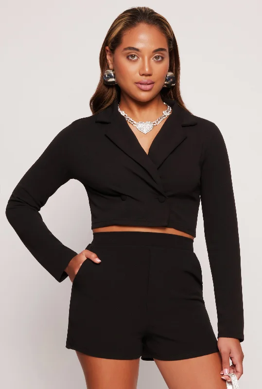 Women's Slim - Fit Blazers in Charcoal Gray for a Professional AppearanceCrepe Knit Double Breast Cropped Blazer Women's Slim - Fit Blazers in Charcoal Gray for a Professional AppearanceCrepe Knit Double Breast Cropped Blazer
