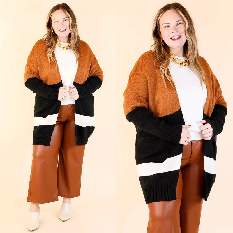 cable knit women cardigan with intricate patternsBonfire Date Color Block Cardigan in Rust Brown cable knit women cardigan with intricate patternsBonfire Date Color Block Cardigan in Rust Brown