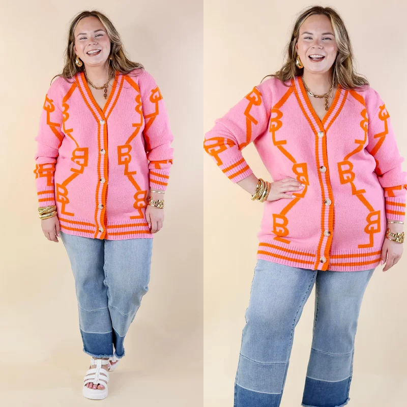 color block women cardigan with bold huesBuddyLove | Varsity Cardigan in Persimmon (Pink) color block women cardigan with bold huesBuddyLove | Varsity Cardigan in Persimmon (Pink)