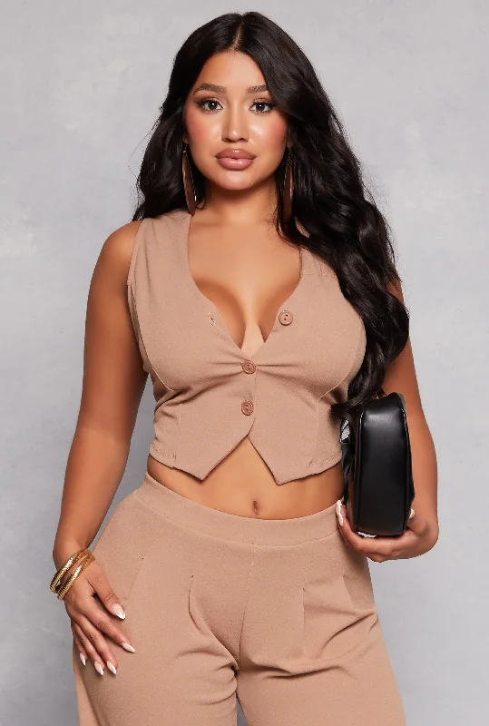 Plus Size Women's Ruffled Blazers in Pink for a Girly and Fashionable LookButton Front Cropped Vest Plus Size Women's Ruffled Blazers in Pink for a Girly and Fashionable LookButton Front Cropped Vest