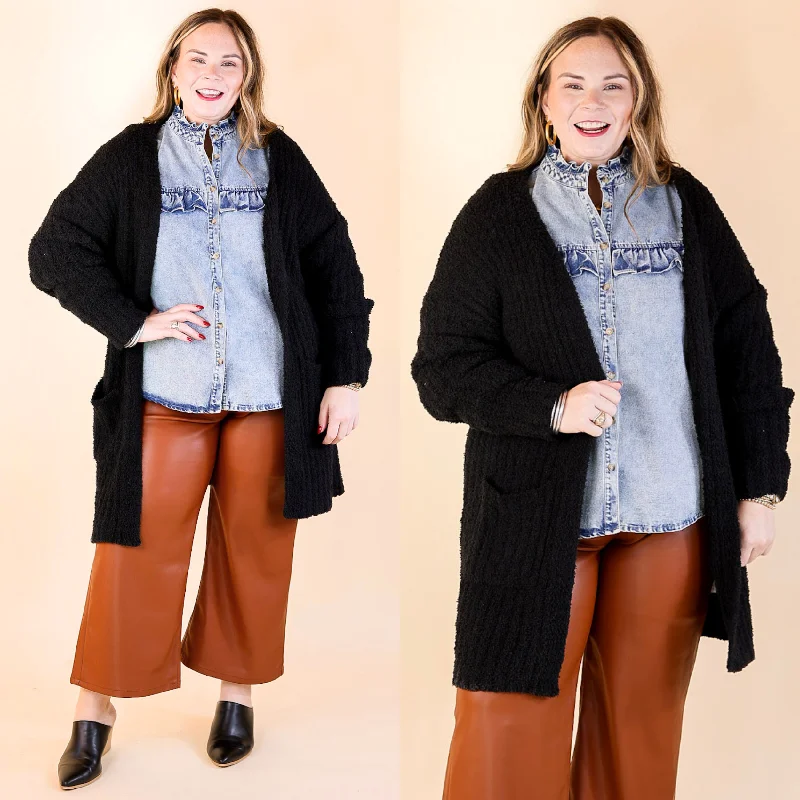 hand knitted women cardigan with artisanal charmCold Brew And Cuddles Long Sleeve Cardigan with Pockets in Black hand knitted women cardigan with artisanal charmCold Brew And Cuddles Long Sleeve Cardigan with Pockets in Black