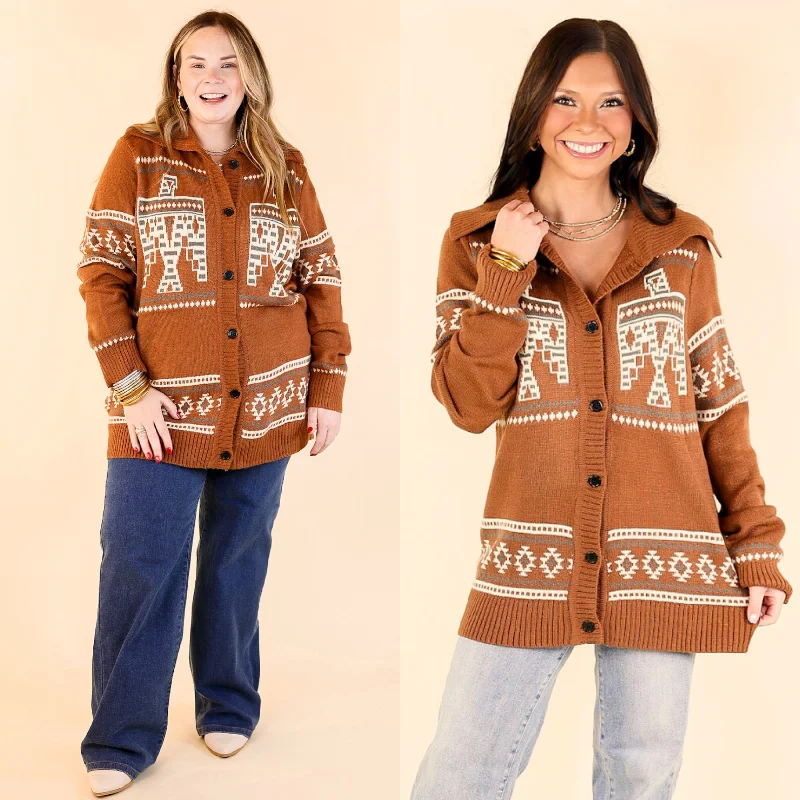 hooded women cardigan for added warmth and styleDesert Chill Thunderbird Button Up Cardigan in Rust Brown hooded women cardigan for added warmth and styleDesert Chill Thunderbird Button Up Cardigan in Rust Brown