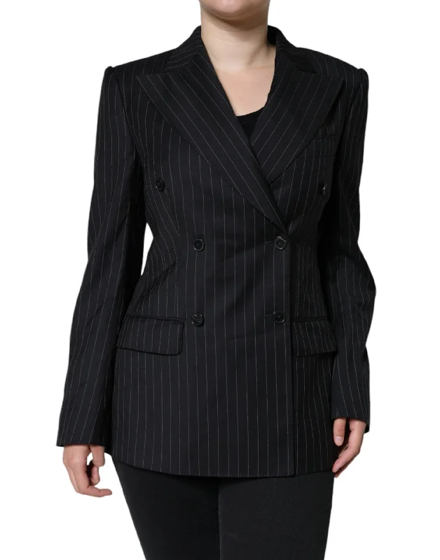 Women's Tailored Stretch Blazers in Navy Blue for Business MeetingsDolce & Gabbana Black Striped Double Breasted Coat Jacket Women's Tailored Stretch Blazers in Navy Blue for Business MeetingsDolce & Gabbana Black Striped Double Breasted Coat Jacket