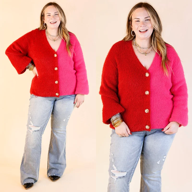 cropped women cardigan to pair with high - waisted jeansFireside Feels Color Block Button Up Cardigan with Balloon Sleeves in Hot Pink and Red cropped women cardigan to pair with high - waisted jeansFireside Feels Color Block Button Up Cardigan with Balloon Sleeves in Hot Pink and Red