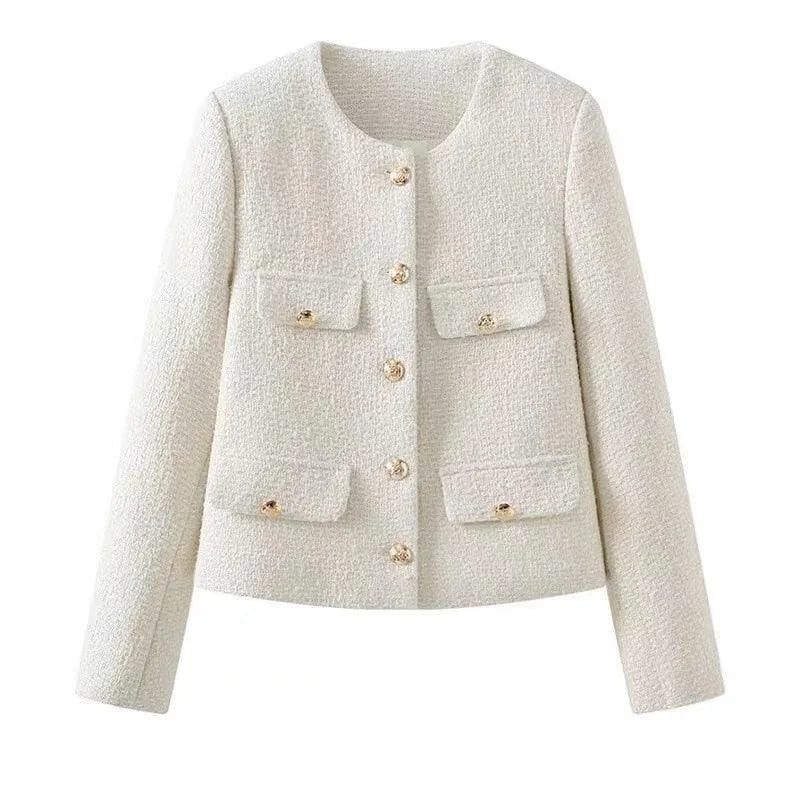 Double - Breasted Women's Leather Blazers in Taupe for an Edgy LookChic Multipocket Women's Tweed Jacket Double - Breasted Women's Leather Blazers in Taupe for an Edgy LookChic Multipocket Women's Tweed Jacket