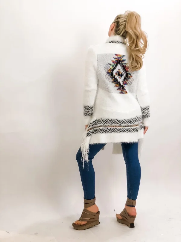 boyfriend style women cardigan for a relaxed fitIvory/Multi Aztec Print Cardigan