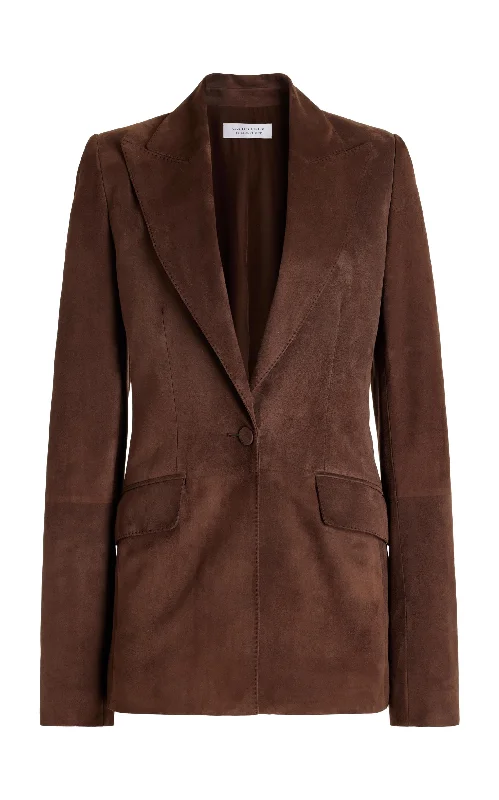 Single - Breasted Women's Tweed Blazers with Gold Buttons for a Classic LookLeiva Blazer in Chocolate Suede Single - Breasted Women's Tweed Blazers with Gold Buttons for a Classic LookLeiva Blazer in Chocolate Suede