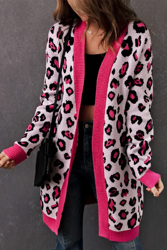 cropped women cardigan to pair with high - waisted jeansLeopard Contrast Trim Open Front Longline Cardigan cropped women cardigan to pair with high - waisted jeansLeopard Contrast Trim Open Front Longline Cardigan