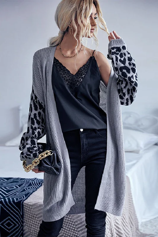 organic cotton women cardigan for an eco - friendly choiceLeopard Sleeves Waffle Knit Open Front Cardigan organic cotton women cardigan for an eco - friendly choiceLeopard Sleeves Waffle Knit Open Front Cardigan