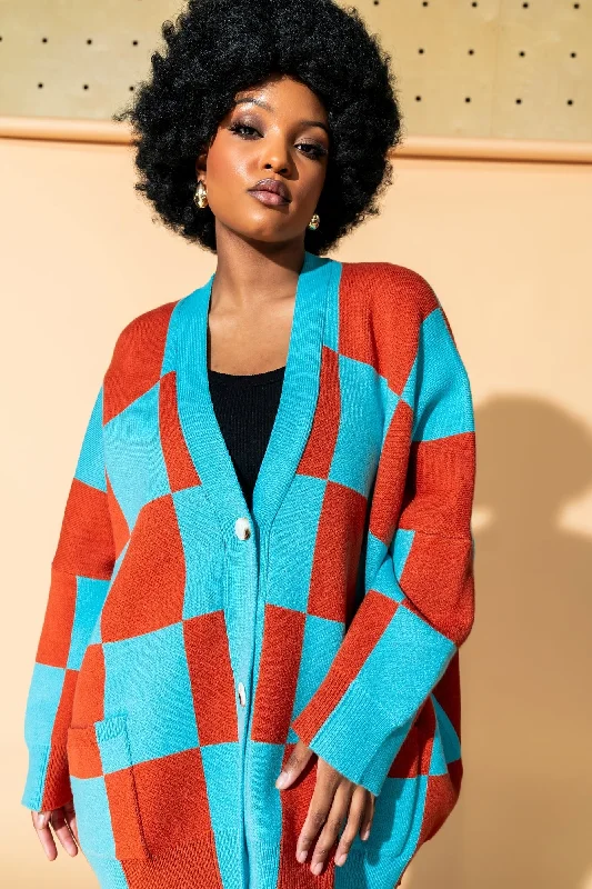 color block women cardigan with bold huesLove You Oversized Checkerboard Cardigan in September Sunset color block women cardigan with bold huesLove You Oversized Checkerboard Cardigan in September Sunset