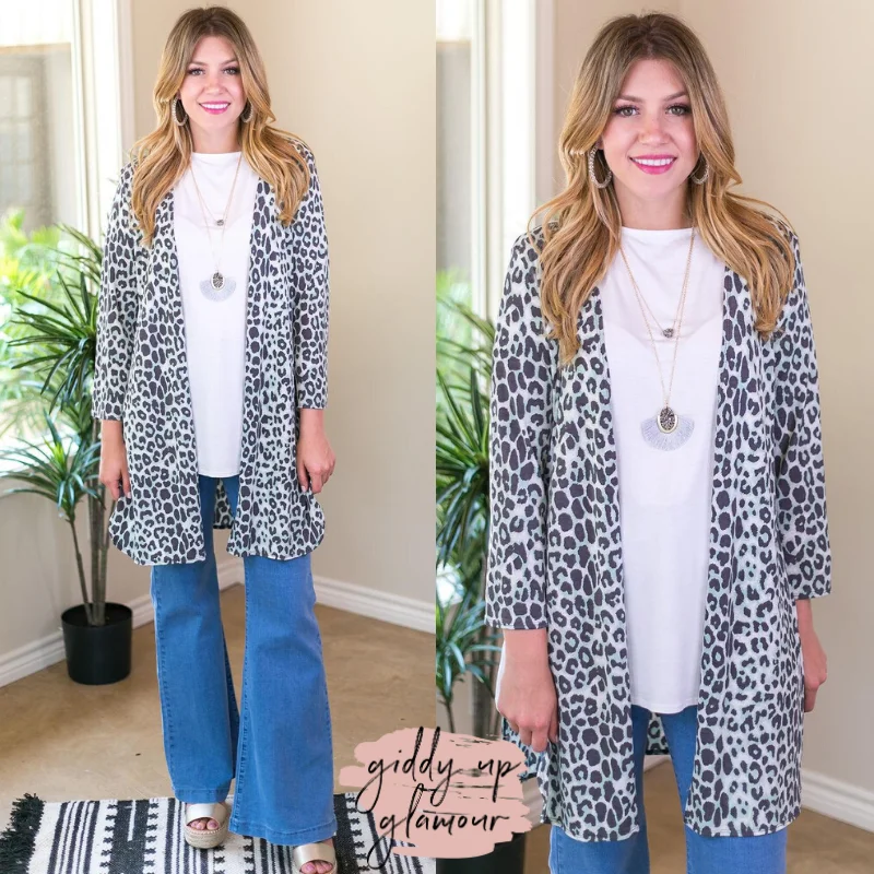 long length women cardigan with side slitsAll Eyes On You Leopard Cardigan in Mint and Grey long length women cardigan with side slitsAll Eyes On You Leopard Cardigan in Mint and Grey