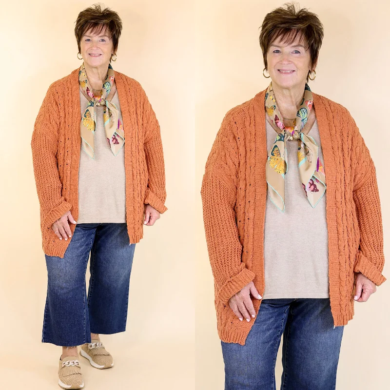 ribbed women cardigan with a classic textureOn My Level Chenille Cable Knit Open Front Cardigan in Canyon Clay Orange ribbed women cardigan with a classic textureOn My Level Chenille Cable Knit Open Front Cardigan in Canyon Clay Orange