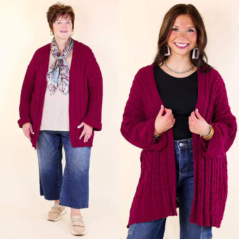 v neck women cardigan to elongate the necklineOn My Level Chenille Cable Knit Open Front Cardigan in Maroon v neck women cardigan to elongate the necklineOn My Level Chenille Cable Knit Open Front Cardigan in Maroon