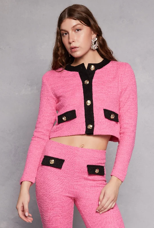Plus Size Women's Ruffled Blazers in Pink for a Girly and Fashionable LookBoucle Button Front Cropped Blazer Plus Size Women's Ruffled Blazers in Pink for a Girly and Fashionable LookBoucle Button Front Cropped Blazer