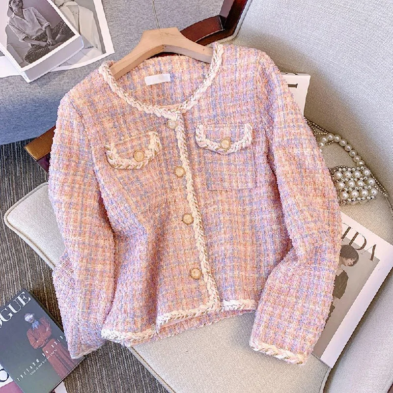 Single - Breasted Women's Tweed Blazers with Gold Buttons for a Classic LookPink Plaid Tweed Jacket Single - Breasted Women's Tweed Blazers with Gold Buttons for a Classic LookPink Plaid Tweed Jacket