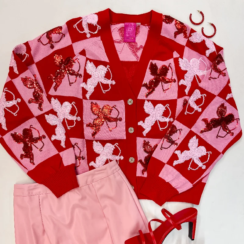 boyfriend style women cardigan for a relaxed fitQueen Of Sparkles | Love Struck Fully Sequin Checkered Cardigan in Red and Pink boyfriend style women cardigan for a relaxed fitQueen Of Sparkles | Love Struck Fully Sequin Checkered Cardigan in Red and Pink