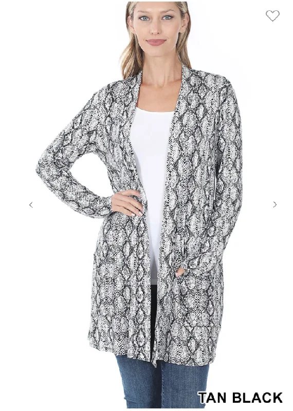 plus size women cardigan for comfortable layeringSnake Print Pocket Cardigan - 2 Colors plus size women cardigan for comfortable layeringSnake Print Pocket Cardigan - 2 Colors
