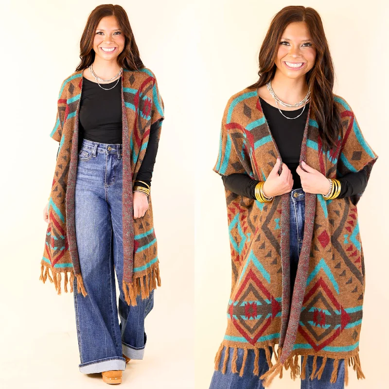 cashmere blend women cardigan for a luxurious feelSouth Texas Sunset Aztec Print Wrap Poncho Vest in Turquoise and Camel cashmere blend women cardigan for a luxurious feelSouth Texas Sunset Aztec Print Wrap Poncho Vest in Turquoise and Camel