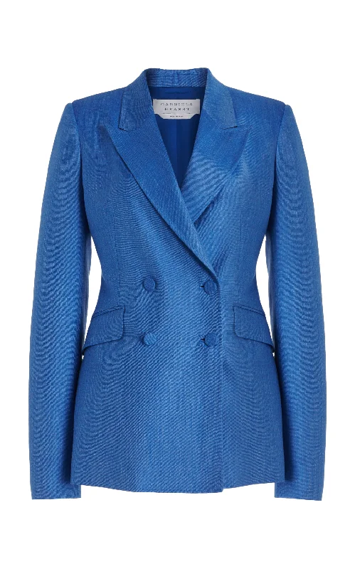Double - Breasted Women's Leather Blazers in Taupe for an Edgy LookStephanie Blazer in Sapphire Virgin Wool and Silk Linen Double - Breasted Women's Leather Blazers in Taupe for an Edgy LookStephanie Blazer in Sapphire Virgin Wool and Silk Linen