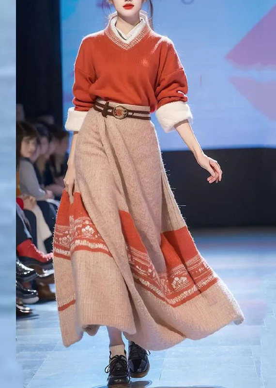 Hooded Women's Fleece - Lined Sweaters for WinterArt Red V Neck Print Cotton Knit Sweaters And Maxi Skirts Two Pieces Set Fall Hooded Women's Fleece - Lined Sweaters for WinterArt Red V Neck Print Cotton Knit Sweaters And Maxi Skirts Two Pieces Set Fall