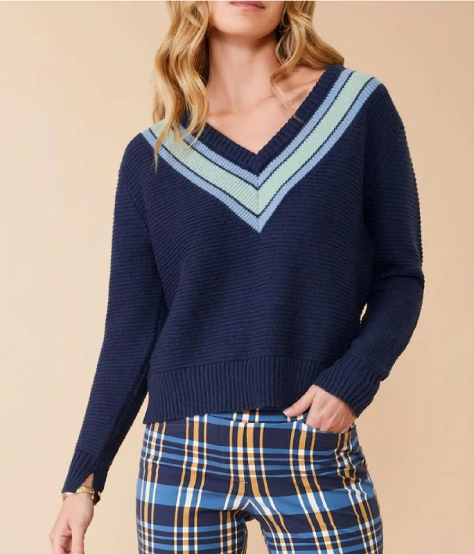 Midi - Length Women's Shetland Wool Sweater Dresses in Traditional PatternsAster V-Neck Pullover Deep Indigo Stripe Midi - Length Women's Shetland Wool Sweater Dresses in Traditional PatternsAster V-Neck Pullover Deep Indigo Stripe