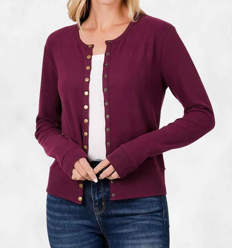 Knee - Length Women's Wool Blend Sweater Dresses in Neutral ColorsBriana Crew Neck Snap Button Cardigan In Dark Burgundy Knee - Length Women's Wool Blend Sweater Dresses in Neutral ColorsBriana Crew Neck Snap Button Cardigan In Dark Burgundy