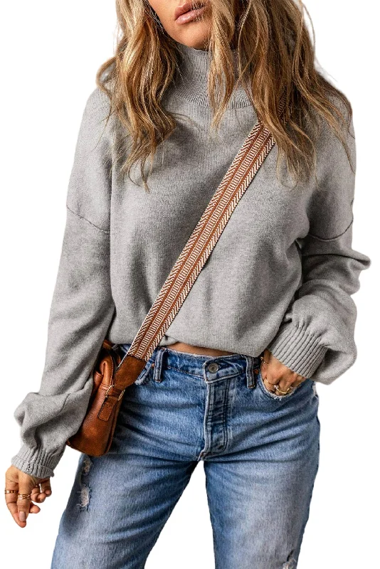Plus Size Women's Tunic - Style Sweater Dresses with PocketsBrielle Turtleneck Drop Shoulder Bubble Sleeve Knit Sweater In Gray Plus Size Women's Tunic - Style Sweater Dresses with PocketsBrielle Turtleneck Drop Shoulder Bubble Sleeve Knit Sweater In Gray