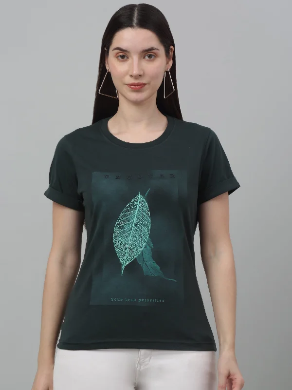 Floral Print Women T Shirt for a Feminine TouchWomen's Casual Regular Short Sleeve Bottle Green Round neck Graphic Print T-Shirt Floral Print Women T Shirt for a Feminine TouchWomen's Casual Regular Short Sleeve Bottle Green Round neck Graphic Print T-Shirt
