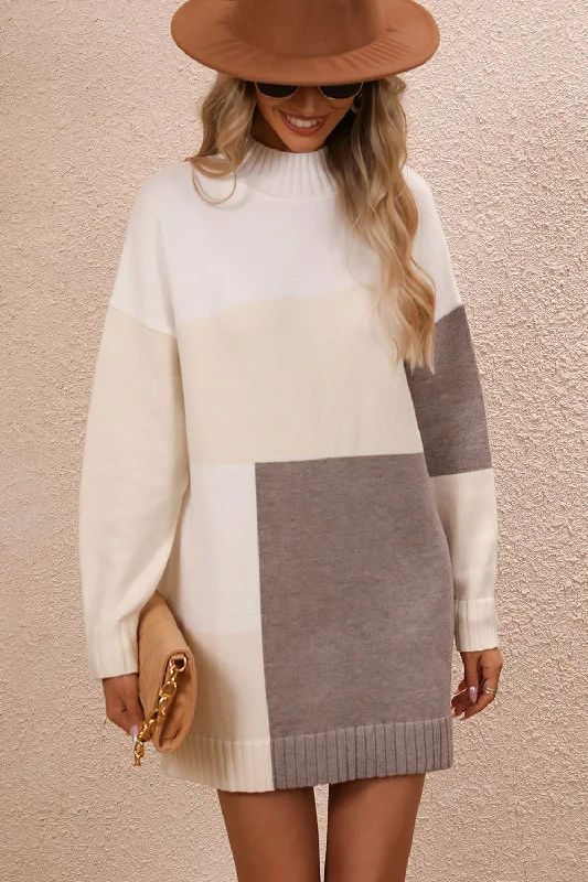 Midi - Length Women's Shetland Wool Sweater Dresses in Traditional PatternsHot Girl Color Block Mock Neck Mini Sweater Dress Midi - Length Women's Shetland Wool Sweater Dresses in Traditional PatternsHot Girl Color Block Mock Neck Mini Sweater Dress
