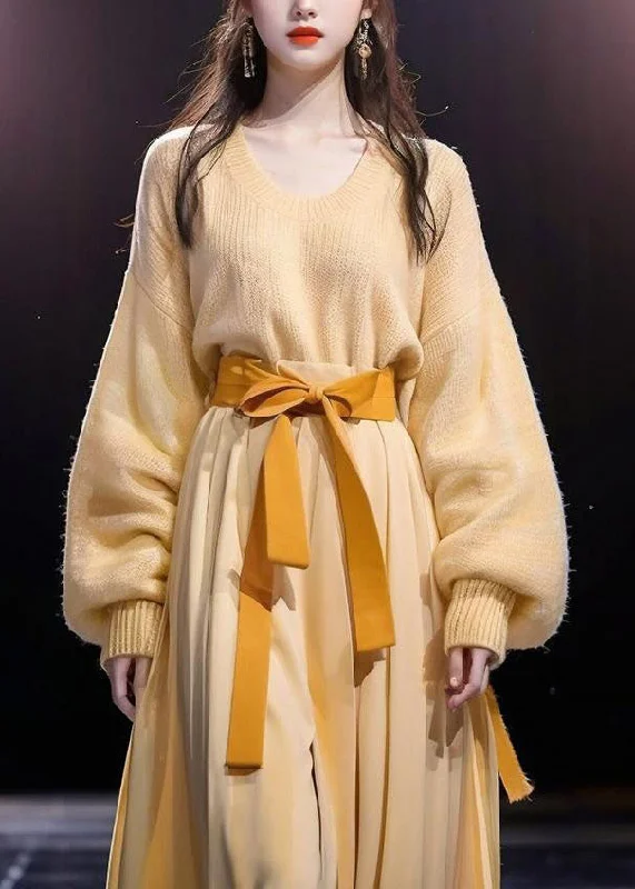 Split - Hem Women's Linen Blend Sweaters for SpringElegant Yellow O-Neck Bow Cotton Knit Sweater And Maxi Skirts Two Pieces Set Long Sleeve Split - Hem Women's Linen Blend Sweaters for SpringElegant Yellow O-Neck Bow Cotton Knit Sweater And Maxi Skirts Two Pieces Set Long Sleeve
