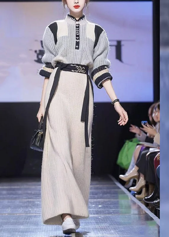 Bell - Sleeve Women's Mohair - Wool Blend SweatersFrench Grey Tie Waist Cotton Knit Sweaters And Beige A Line Skirts Two Piece Set Long Sleeve Bell - Sleeve Women's Mohair - Wool Blend SweatersFrench Grey Tie Waist Cotton Knit Sweaters And Beige A Line Skirts Two Piece Set Long Sleeve