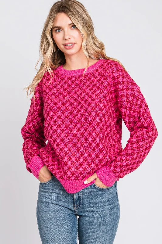 Plus Size Women's Turtleneck Sweater Dresses with Side SlitsFuchsia Diagonal Houndstooth Sweater Dress Plus Size Women's Turtleneck Sweater Dresses with Side SlitsFuchsia Diagonal Houndstooth Sweater Dress