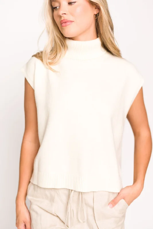 Sleeveless Women's Silk - Trimmed Sweaters for SummerKat High-Low Turtleneck Sweater in Coconut Milk Sleeveless Women's Silk - Trimmed Sweaters for SummerKat High-Low Turtleneck Sweater in Coconut Milk